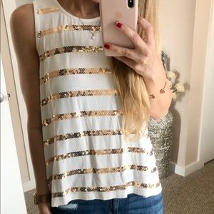 Gold sequin and white striped open back tie top
